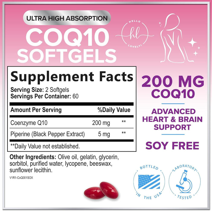 CoQ10 200mg Softgels - Ultra High Absorption, Antioxidant for Heart Health & Energy Production Support - Coenzyme Q10 (Ubiquinone) Co Q 10 Supplement and Vitamins 100mg Each - Non GMO