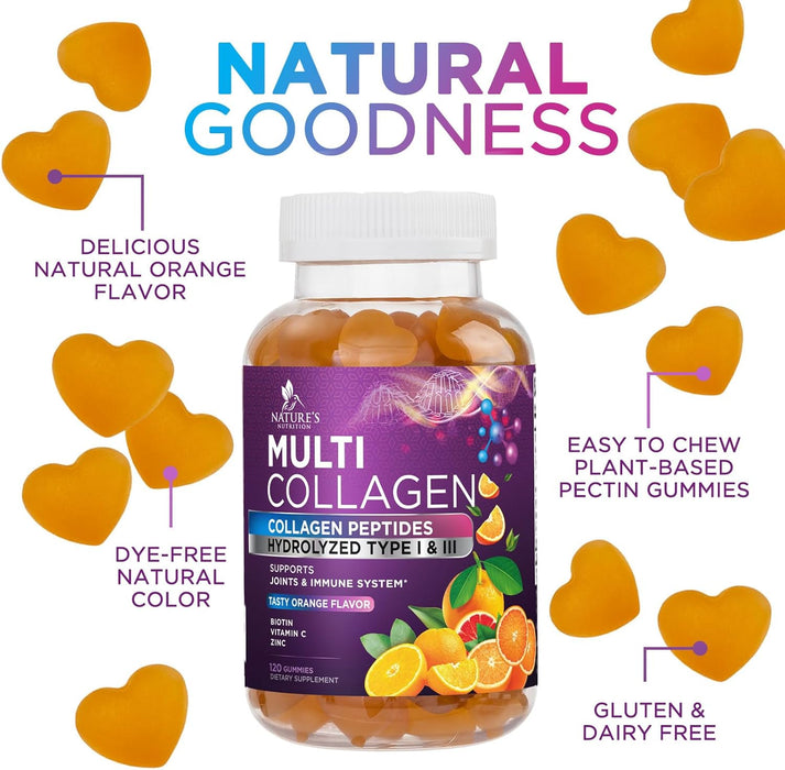 Collagen Gummies with Biotin - Hydrolyzed Collagen Peptides Supplement Types I and III - Support for Hair, Skin, Nails and Joints - Gluten Free and Non-GMO - Orange Flavored Gummy Vitamins