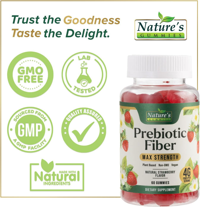 Nature's Gummies Fiber Supplement - Max Strength 4g of Natural Soluble Prebiotic Fiber, Supports Digestive Health & Regularity, Non-GMO, Chicory Gummy Supplements for Adults, Berry Flavor, 60 Gummies