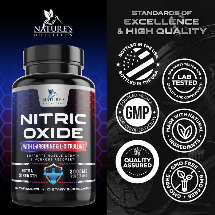 Nitric Oxide Formula with L-Arginine + Citrulline – 3000mg – 120 Capsules