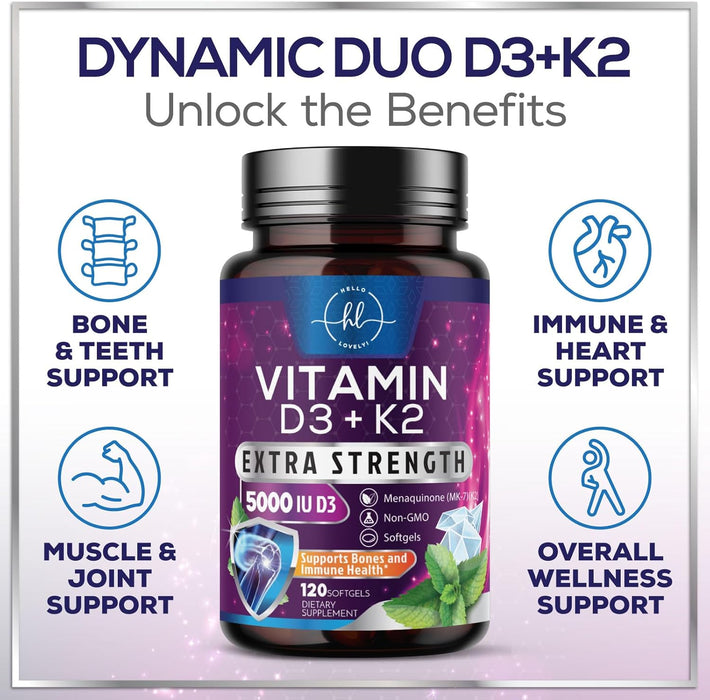 Vitamin D3 K2 Supplement - 5000 IU D3 & 100mcg K2 (MK7) 2-in-1 Vitamin D & K Complex for Calcium Absorption, Bone, Teeth, Heart & Immune Support, Easy to Swallow, Non-GMO & Gluten Free