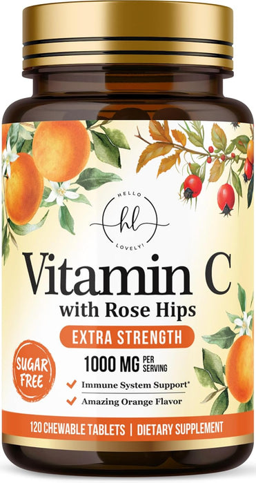 Vitamin C Supplement 1000mg - Extra Strength with Rose Hips Bioflavonoids - Sugar Free Vitamin C Chewable Pills, Nature's Vit C for Immune Support & Antioxidant Protection - 120 Chewable Tablets