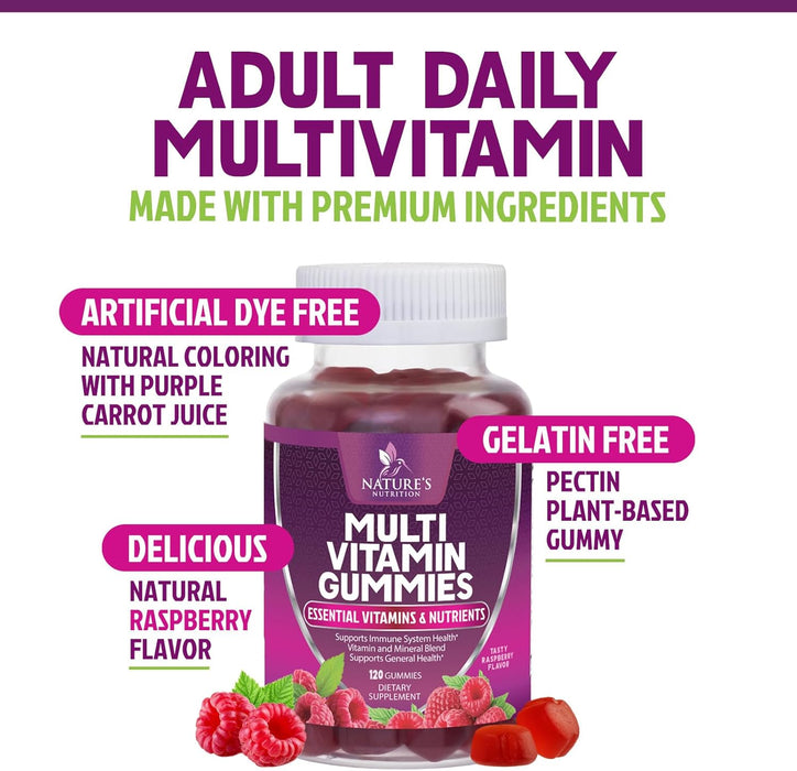 Multivitamin Gummies for Adults, Daily Gummy Vitamins & Minerals for Women & Men, Immune Support Gummy Multivitamins Supplement, Adult Multi VIT Vitamin with Vitamins A, C, D3, B12, Zinc, 120 Gummies