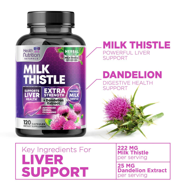 Milk Thistle Supplement - Liver Cleanse Detox & Repair Formula 1000mg with Dandelion - Nature's Herbal Milk Thistle Extract Supplements w/Silymarin Marianum, Supports Liver Health - 120 Capsules