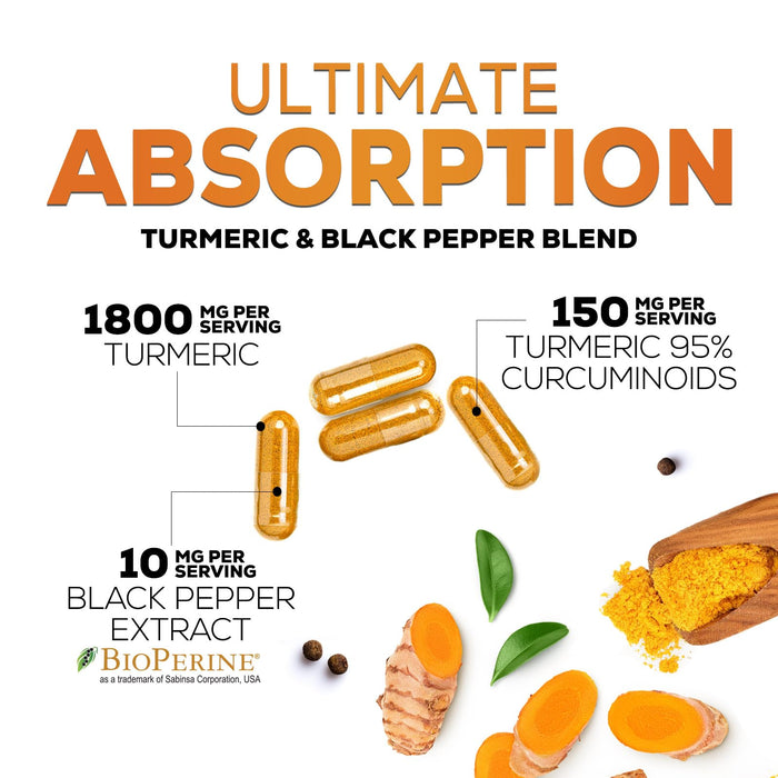 Turmeric Curcumin Supplement 1950mg - 95% Curcuminoids with Organic Turmeric & BioPerine Black Pepper Extract for Best Absorption, Nature's Vegan Joint Support, Non-GMO, Bottled in USA - 60 Capsules
