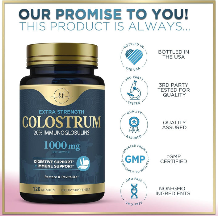 Colostrum for Women 1000mg 20% Immunoglobulins - Gut Health, Immune Support, Muscle, Skin & Hair Growth, Bottled in USA, Bovine Colostrum Powder, Colostrum Supplement for Women & Men