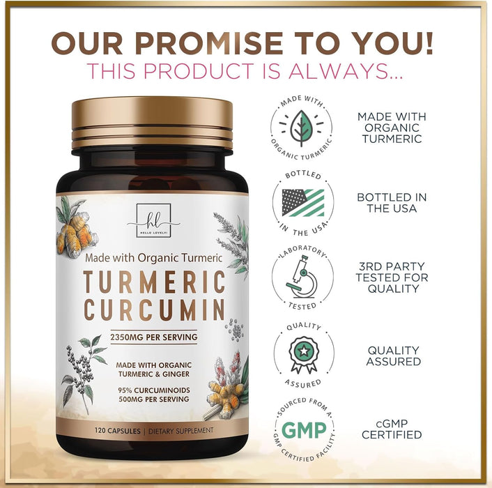 Turmeric Curcumin Supplement with 95% Curcuminoids, Organic Turmeric & Ginger 1750mg, BioPerine Black Pepper for Best Absorption, Nature's Vegan Joint Support, Non-GMO, Bottled in USA