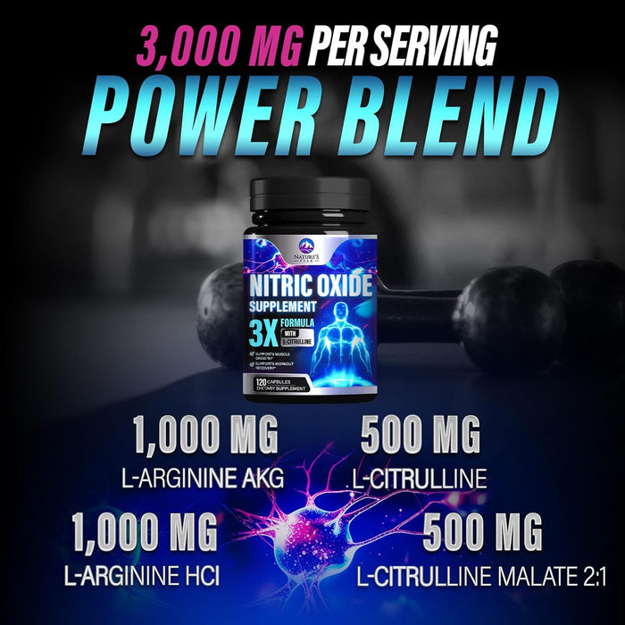 Nitric Oxide Supplement 3000mg L Arginine 3X Strength - Citrulline Malate & AKG - Extra Strength Muscle Supporting Nitric Booster for Muscle Growth & Workout Recovery to Train Harder