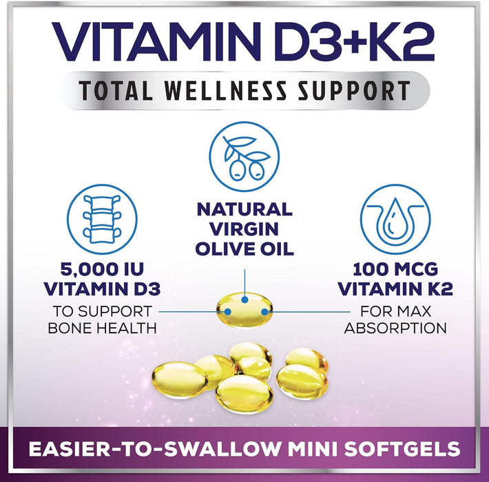 Vitamin D3 K2 Supplement - 5000 IU D3 & 100mcg K2 (MK7) 2-in-1 Vitamin D & K Complex for Calcium Absorption, Bone, Teeth, Heart & Immune Support, Easy to Swallow, Non-GMO & Gluten Free