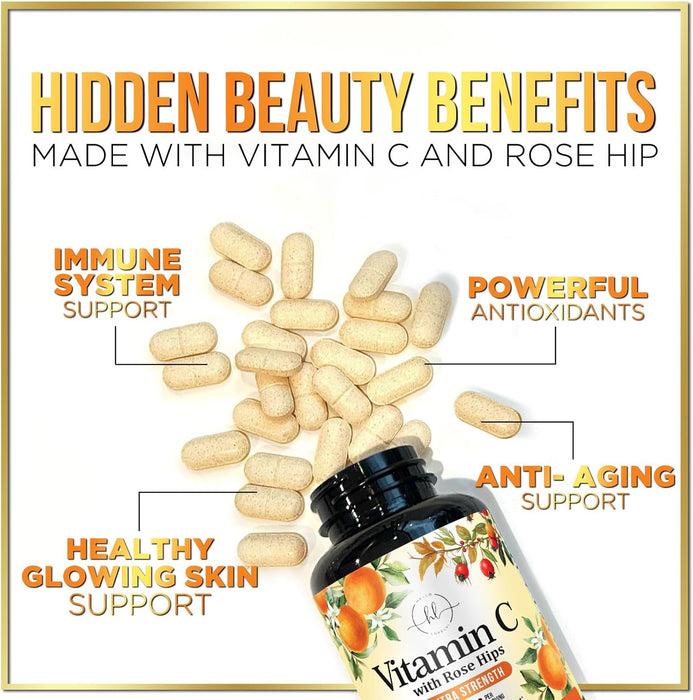 Vitamin C Supplement 1000mg - Extra Strength with Rose Hips Bioflavonoids - Sugar Free Vitamin C Chewable Pills, Nature's Vit C for Immune Support & Antioxidant Protection - 120 Chewable Tablets