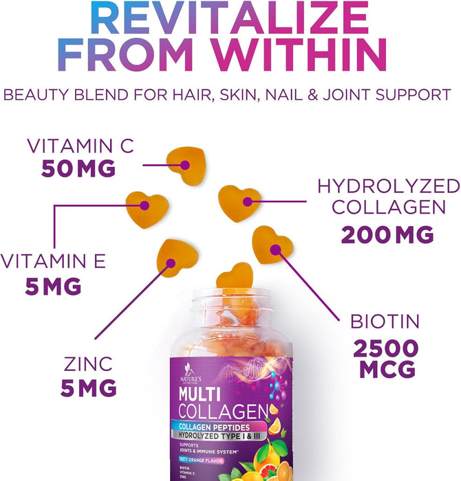 Collagen Gummies with Biotin - Hydrolyzed Collagen Peptides Supplement Types I and III - Support for Hair, Skin, Nails and Joints - Gluten Free and Non-GMO - Orange Flavored Gummy Vitamins