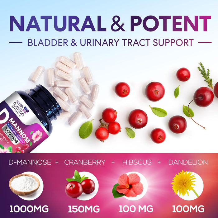D-Mannose Supplement 1,350mg with Cranberry, Hibiscus & Dandelion - Fast-Acting, Natural Bladder & Urinary Tract Support for Women & Men – Flush & Cleanse Impurities – Non-GMO, Vegan – 60 Capsules