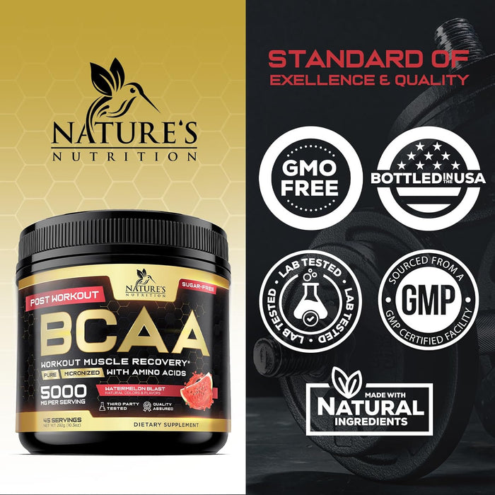 BCAA Powder - Post Workout Muscle Recovery Support Supplement, Pre Workout Energy 2:1:1 with Essential Amino Acids, Keto, Sugar-Free, 4g BCAAs plus 1g Glutamine per Serving, Watermelon - 45 Servings
