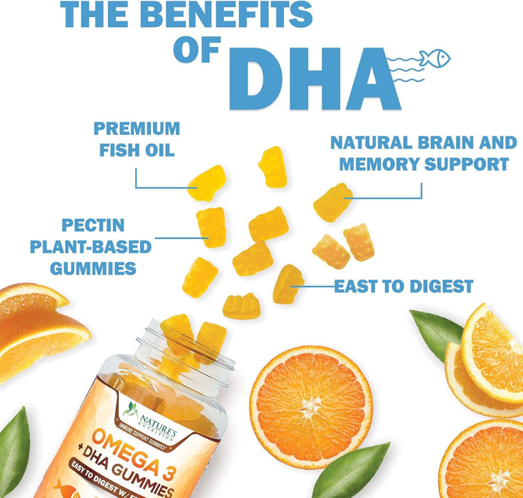 Omega 3 Fish Oil Gummies, Heart Healthy Omega 3s with DHA & EPA, Extra Strength Joint & Brain Support, Omega 3 Fish Oil Supplement Nature's Gummy Vitamin for Men & Women, Orange Flavor
