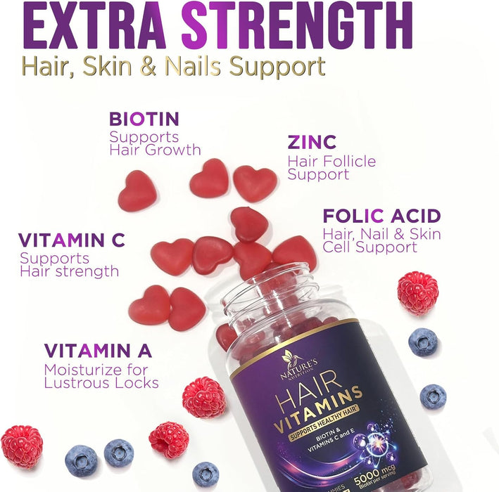 Hair Vitamins Gummy, with Biotin 5000mcg and Vitamins E & C, Advanced Hair Growth Support Gummies for Stronger, Beautiful Hair, Skin & Nails, Nature's Hair Supplement for Women & Men - 60 Gummies