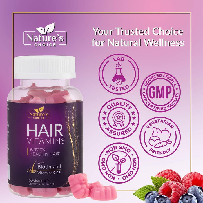 Hair Vitamins Gummies with Biotin 5000 mcg Vitamin E & C Support Hair Growth Gummy, Premium Vegetarian Non-GMO, for Stronger, Beautiful Hair, Skin & Nails, Biotin Gummies Supplement - 60 Gummy Bears