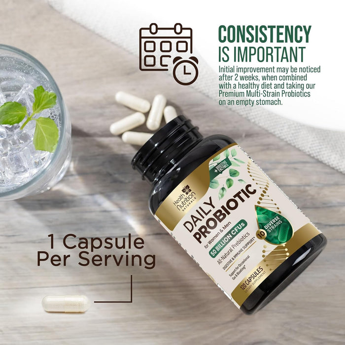 Probiotics 50 Billion CFU + 10 Strains - Daily Probiotic Lactobacillus Blend for Immune, Digestive & Gut Health Support, Prebiotics and Probiotics, Gas & Bloating for Women & Men - 120 Capsules