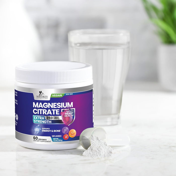 Magnesium Supplement Powder, 350mg Magnesium Citrate Drink Mix, 100% Chelated for High Absorption - Supports Energy, Sleep, Bone, Muscle & Whole Body Health - Gluten-Free, Vegan, Non-GMO - 60 Servings