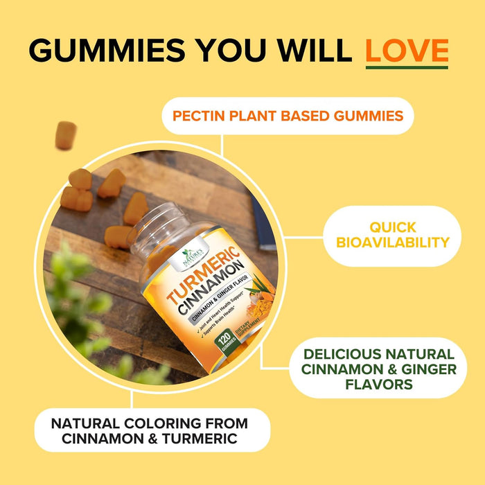 Turmeric Curcumin with Cinnamon & Ginger Gummies 95% Curcuminoids Black Pepper for Max Absorption Joint Support, Nature's Tumeric Herbal Extract Supplement Gummy Capsules, Vegan, Non-GMO - 60 Gummies