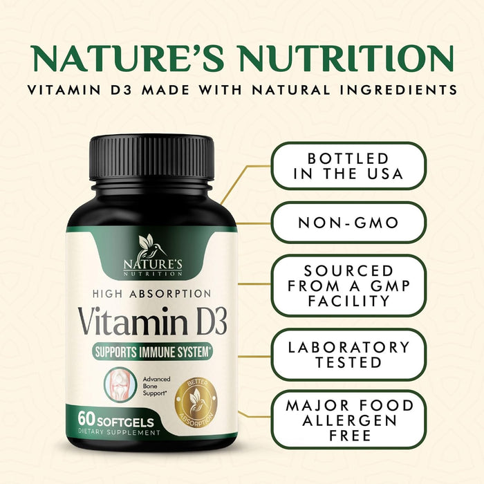 Vitamin D3 Supplement 5000IU (125 mcg) - Extra Strength Vitamins D-3 Dietary Softgels for Bone, Teeth, Muscle Health & Immune Support, Rapid Absorbtion Mini D Softgel, Non-GMO, Gluten Free - 60 Count