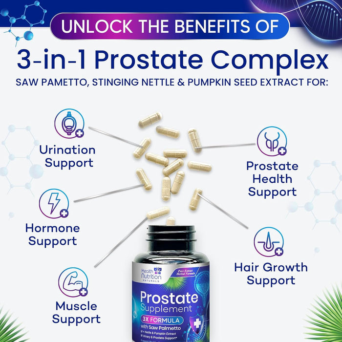 Prostate Health Supplements for Men - Potent 3X Formula with Saw Palmetto, Stinging Nettle, Pumpkin Seed Extract, Bottled in USA, Prostate Supplement for Urinary Support, Vegan, Non-GMO