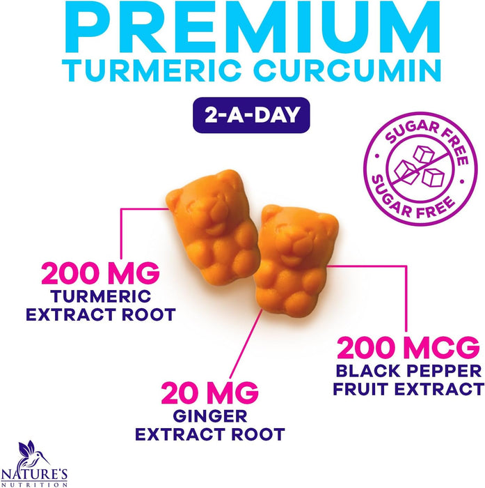 Turmeric Supplement Gummies Sugar Free - Turmeric Curcumin and Ginger Gummies with Black Pepper Extract for High Absorption, Curcumin Gummy for Joint Support, Non-GMO, Gluten Free