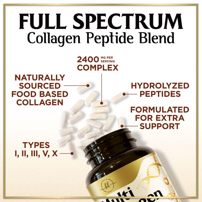 Multi Collagen Peptides for Women – 2400mg Best Hydrolyzed Collagen Complex with 5 Types (I, II, III, V, X) - Grass Fed - Hair, Skin, Nail, Bone & Joint Support for Beauty & Wellness – 120 Capsules