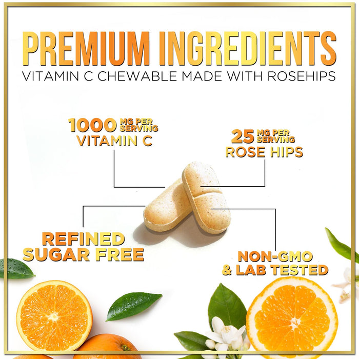 Vitamin C Supplement 1000mg - Extra Strength with Rose Hips Bioflavonoids - Sugar Free Vitamin C Chewable Pills, Nature's Vit C for Immune Support & Antioxidant Protection - 120 Chewable Tablets
