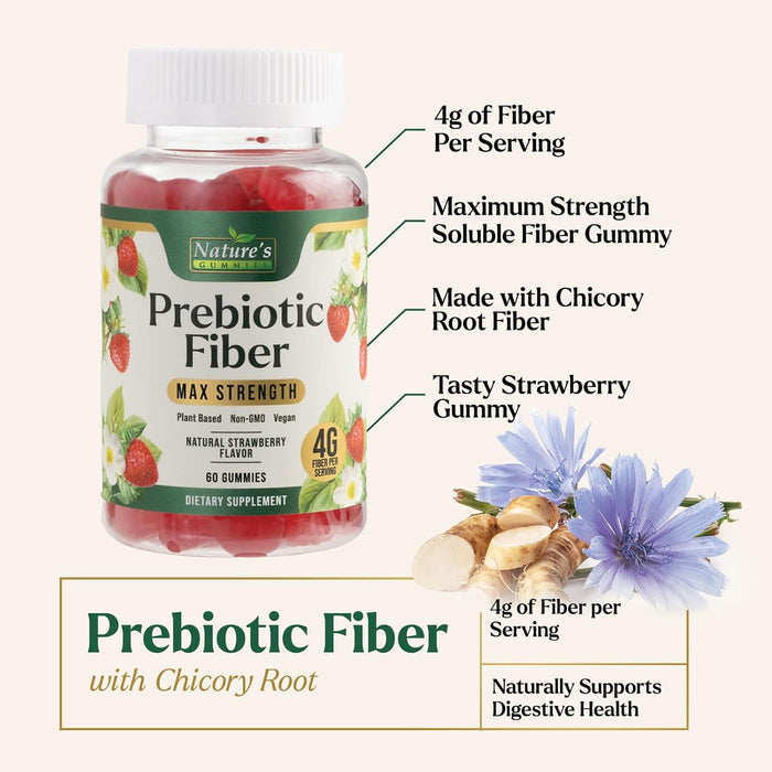 Nature's Gummies Fiber Supplement - Max Strength 4g of Natural Soluble Prebiotic Fiber, Supports Digestive Health & Regularity, Non-GMO, Chicory Gummy Supplements for Adults, Berry Flavor, 60 Gummies