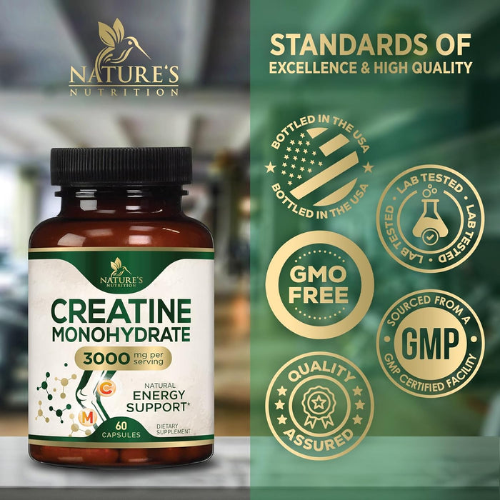 Creatine Monohydrate Capsules 3000mg – Best Micronized Creatine Powder - Supports Lean Muscle, Strength, Energy, & Endurance - Nature's Supplement, Non-GMO, Gluten Free for Women & Men