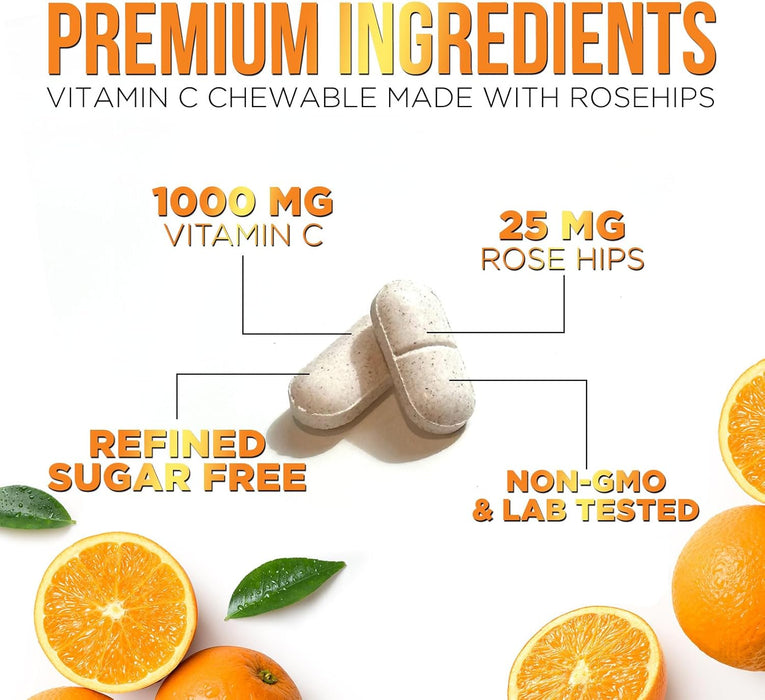 Extra Strength Vitamin C 1000 mg - Chewable Vita C for Powerful Immune Support with Vitamin C & Rose HIPS - Potent Dietary Chewable Vitamin C Supplement, Vegan, Gluten-Free, Non-GMO