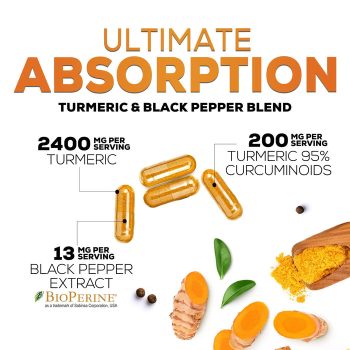 Turmeric Curcumin Supplement with BioPerine 95% Curcuminoids 2600mg with Black Pepper for Best Absorption, Bottled in USA, Best Natural Vegan Joint Support, Nature's Non-GMO Tumeric - 180 Capsules