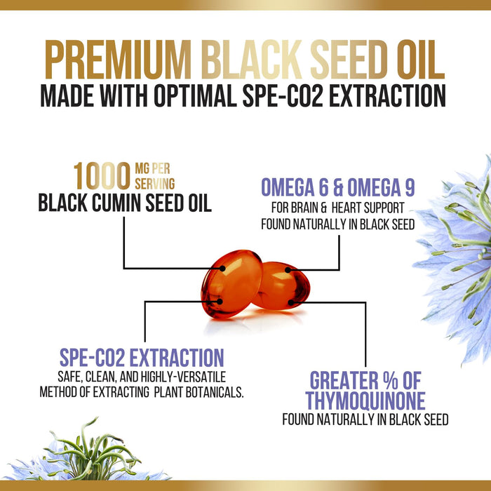 Black Seed Oil Softgels 1000mg - Premium Nigella Sativa Blackseed, Pure Natural Black Cumin Seed Oil & Antioxidant for Skin & Immune Support - Non GMO, Bottled in USA Supplement - 180 Softgels