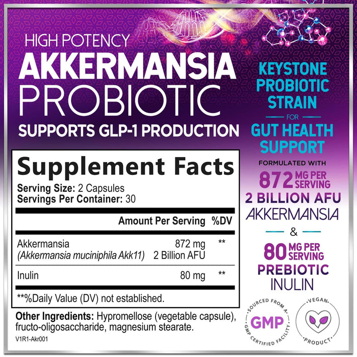 Akkermansia Muciniphila Probiotic Supplement - 2 Billion AFU Live Strain Probiotics for Men & Women - Supports Intestinal Digestive & Gut Health - Delayed Release Natural GLP-1 Support - 60 Capsules