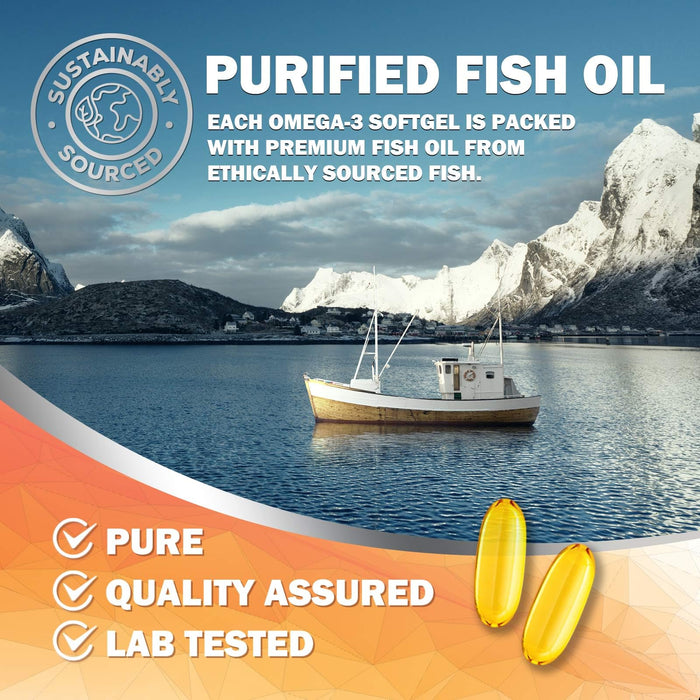 Omega 3 Fish Oil 2400 mg – Triple Strength EPA & DHA Fatty Acids for Heart, Brain & Joint Support – Wild-Caught, Burpless, Lemon Flavor Supplement – Natural, Non-GMO, Gluten-Free – 60 Softgels