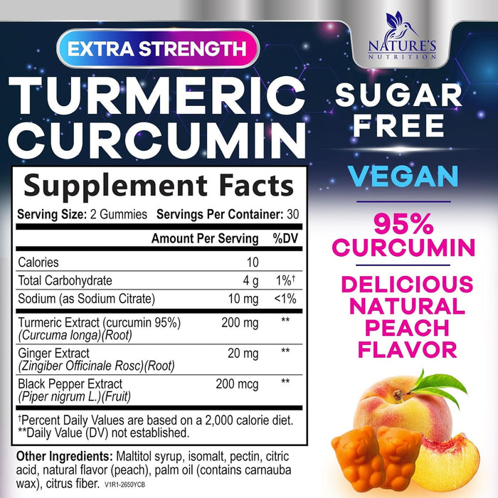 Turmeric Supplement Gummies Sugar Free - Turmeric Curcumin and Ginger Gummies with Black Pepper Extract for High Absorption, Curcumin Gummy for Joint Support, Non-GMO, Gluten Free