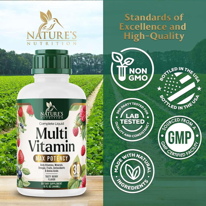 Nature's Multivitamin for Women | Men & Kids | Daily Liquid Multi Vitamin & Minerals with Vitamins A, C, D, E, B-6 & B-12, Womens Beauty Multivitamins & Adults Immune Support, Berry Flavor - 15 Fl Oz