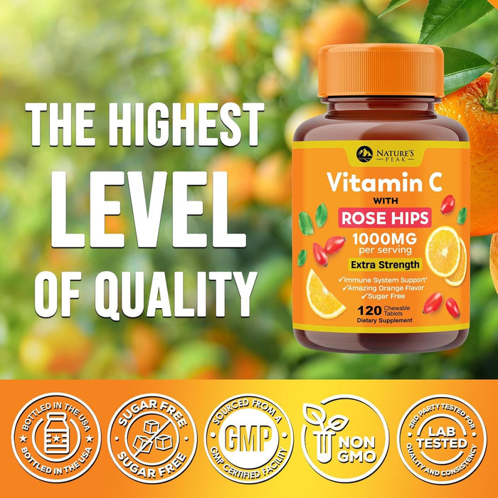 Extra Strength Vitamin C 1000 mg - Chewable Vita C for Powerful Immune Support with Vitamin C & Rose HIPS - Potent Dietary Chewable Vitamin C Supplement, Vegan, Gluten-Free, Non-GMO