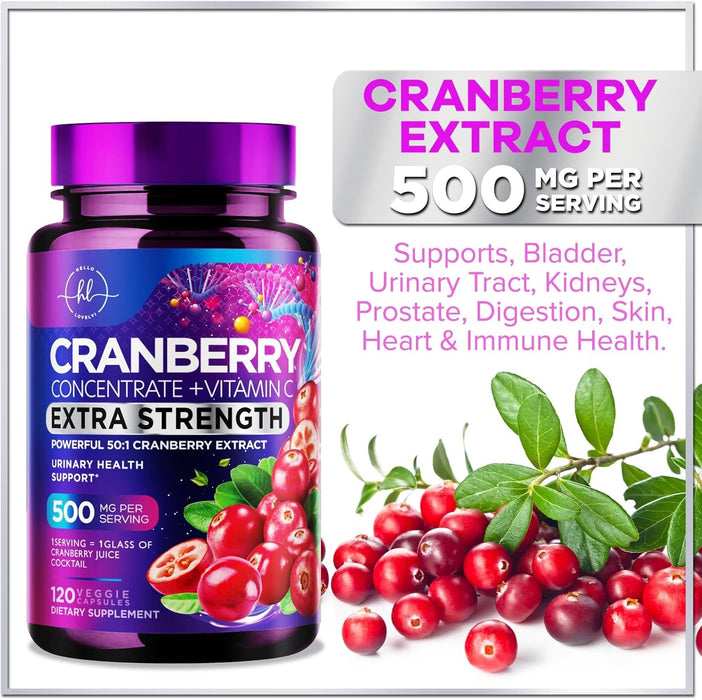 Cranberry Supplement 25,000mg Formula + Vitamin C – Urinary Tract Health Support for Women & Men, 50:1 Whole Fruit Cranberry Extract Pills for Women, Sugar-Free, Non-GMO, Gluten-Free - 120 Capsules