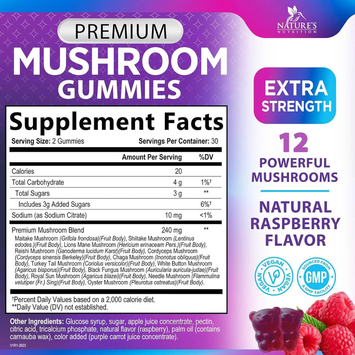 Mushroom Supplement Gummy - 12 in 1 Mushroom Complex with Lions Mane, Reishi, Cordyceps, Chaga & Turkey Tail, Immune Support & Nootropic Supplements for Memory, Brain, Energy & Focus