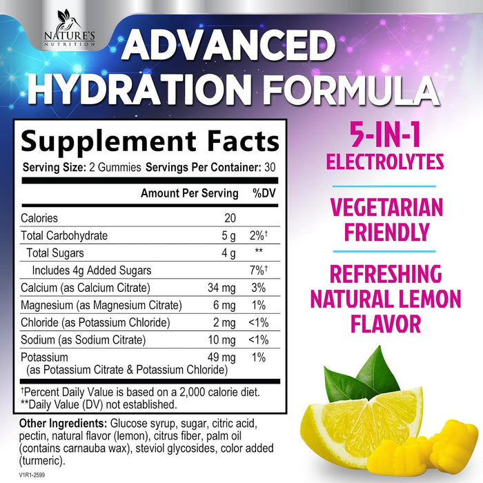 Hydration Electrolyte Gummies - Daily Liquid Replenisher Gummy - Electrolyte Multiplier with Minerals, Potassium & Real Salt - Vegan, Non-GMO - Tasty Lemon Flavor Hydration Electrolytes