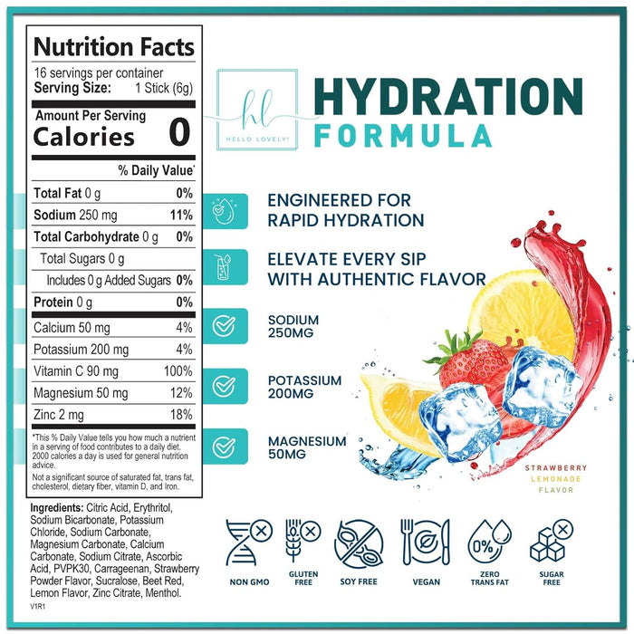 Hydration Electrolytes Powder Packets - Keto & Sugar Free, Liquid Replenisher & Recovery Drink w Real Salt - Feel Revitalized, Non-GMO, Vegan Electrolyte Drink Mix, Strawberry Lemonade