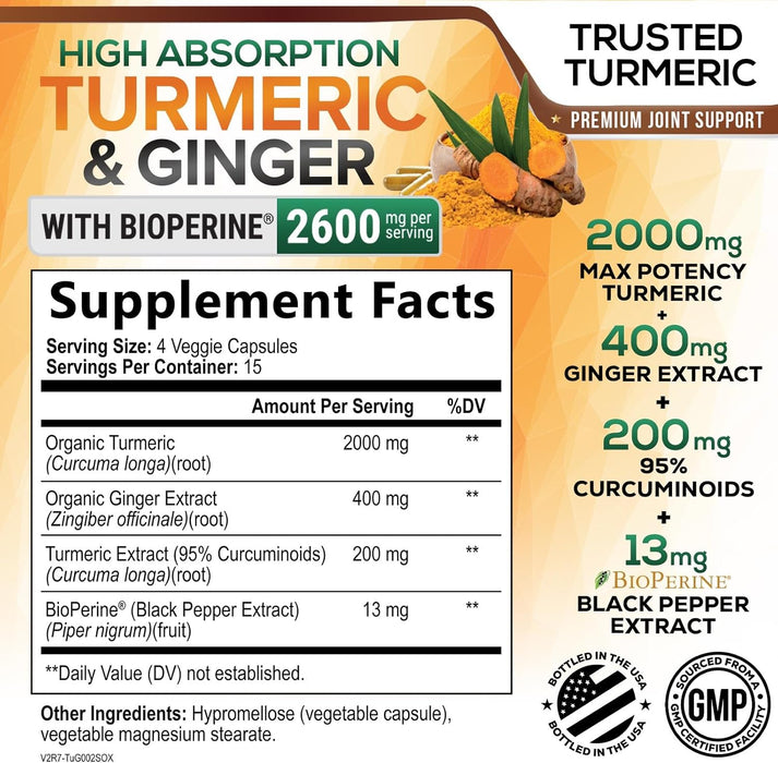 Turmeric Curcumin Supplement 2600mg with Organic Ginger & Turmeric, BioPerine Black Pepper Extract 95% Curcuminoids - Advanced Absorption Joint & Antioxidant Extra Strength Support - 60 Capsules