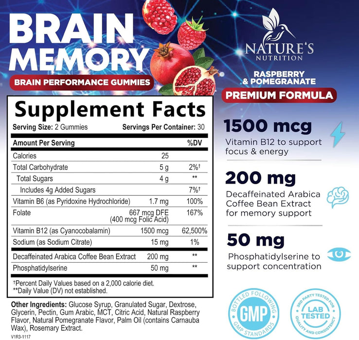 Nature's Nutrition Nootropic Brain Booster Memory Supplement Gummy for Concentration & Mental Focus - Brain Health & Energy with B12, Phosphatidylserine, Coffee Extract, Nature's Vitamins for Men & Women