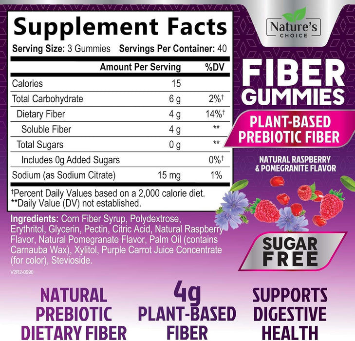 Nature's Choice - Vegan Fiber Gummies Sugar Free - 4 Grams of Daily Prebiotic Fiber - Max Strength Soluble Fiber Gummy, Supports Digestive Health & Regularity, Nature's Non-GMO Dietary Fiber Supplement