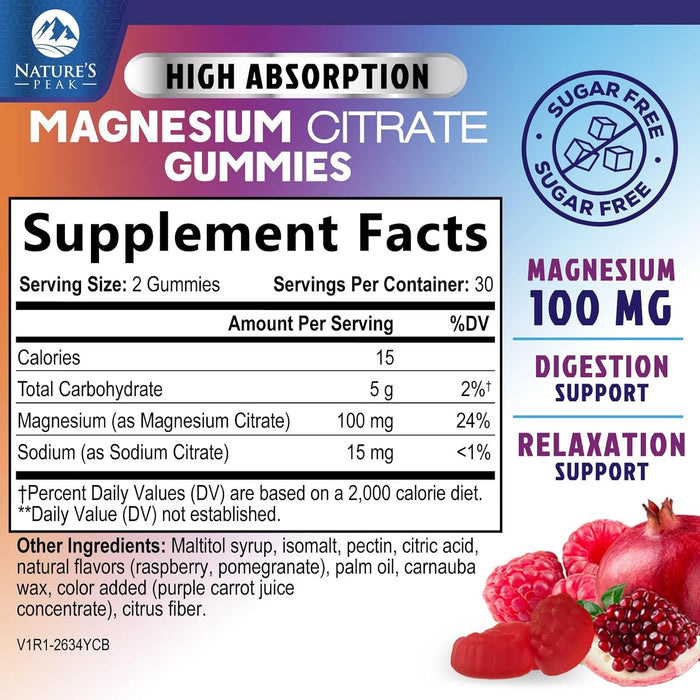 Magnesium Citrate Supplement Gummies Sugar-Free, High Absorption Magnesium Gummy Supplements for Women & Men, Supports Sleep, Heart Health, Bones and Muscles, for Relaxation & Digestion