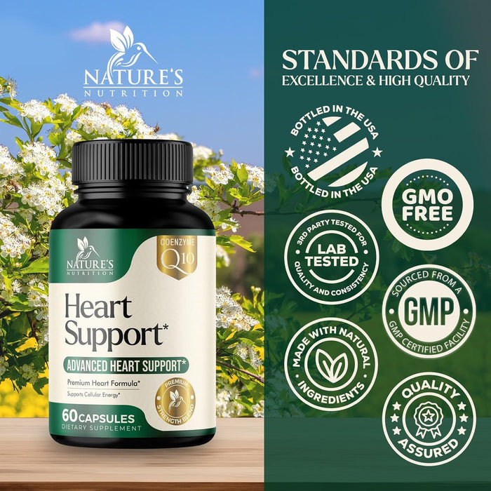 Heart Supplements 1650mg for Heart Health Support with CoQ10, L-Arginine, Magnesium, Hawthorn - 22 Natural Heart Vitamins & Extracts to Support Nitric Oxide & Energy Production, and More - 60 Capsules