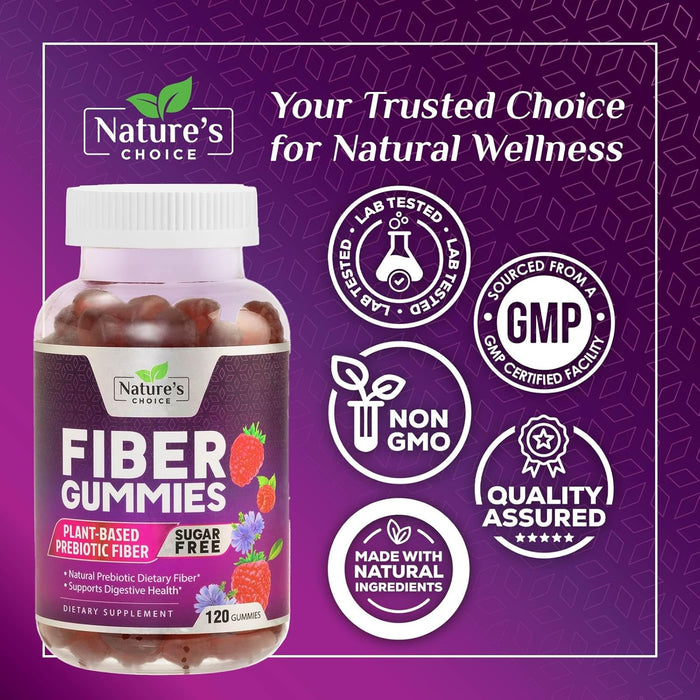 Nature's Choice - Vegan Fiber Gummies Sugar Free - 4 Grams of Daily Prebiotic Fiber - Max Strength Soluble Fiber Gummy, Supports Digestive Health & Regularity, Nature's Non-GMO Dietary Fiber Supplement