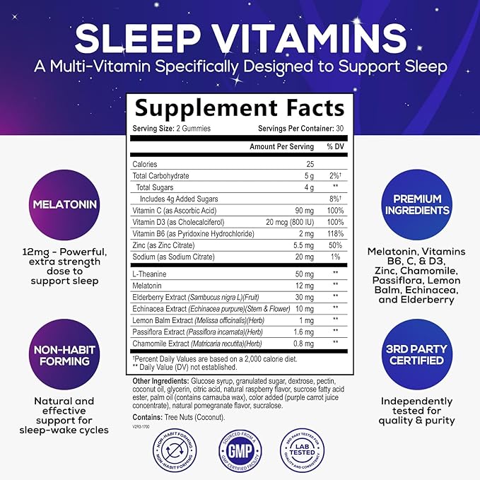 Sleep Vitamins - Fast Acting & Non-Habit Forming Sleep Gummy Supplement for Adults - Fall Asleep Naturally with 12mg Melatonin, Chamomile & Zinc, Restful Sleep & Muscle Support - 60 Gummies