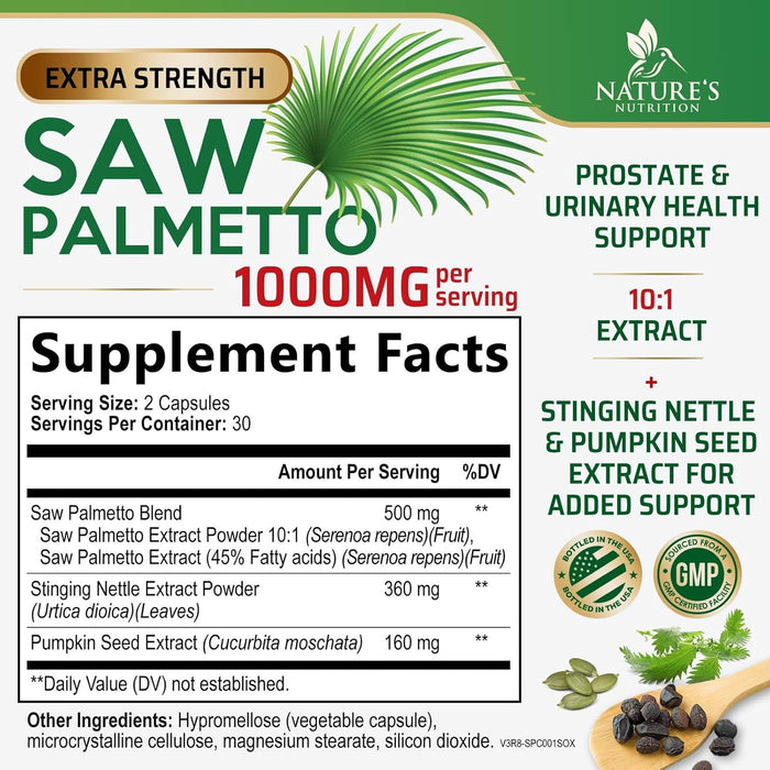 Saw Palmetto for Men 1000MG Prostate Health Supplement - Saw Palmetto Extract Prostate Support Supplement, Prostate Supplements for Men's Health Support, Prostate Urinary Health Support, 60 Capsules